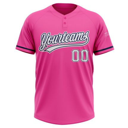 Custom pink, white and navy softball jersey, back view