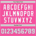 Custom pink, white and navy softball jersey, flat lay