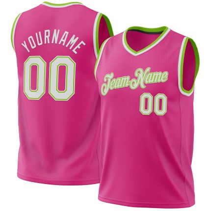 Personalized Pink White-Neon Green Authentic Throwback Basketball Jersey Team Custom Name and Number