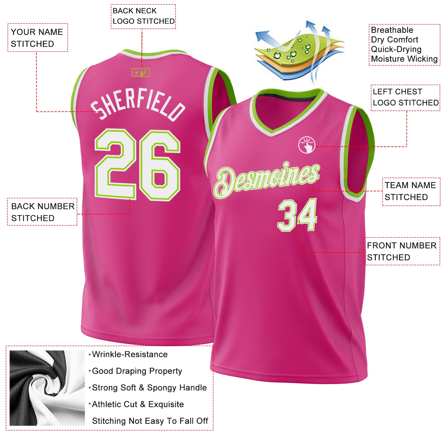 Personalized Pink White-Neon Green Authentic Throwback Basketball Jersey Team Custom Name and Number Personalized Pink White-Neon Green Authentic Throwback Basketball Jersey Team Custom Name and Number - Image 3