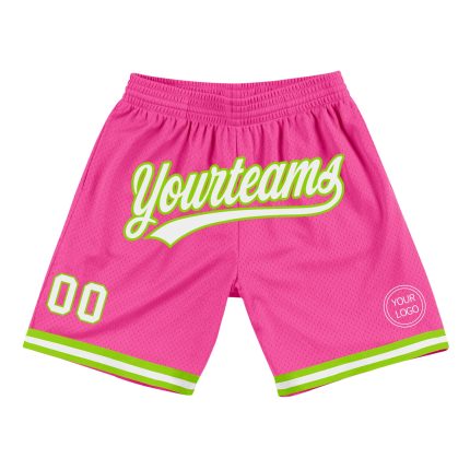 Personalized Pink White-Neon Green Authentic Throwback Basketball Shorts Team Custom Name and Number