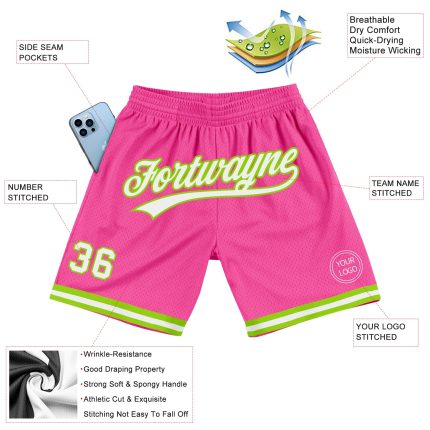Personalized Pink White-Neon Green Authentic Throwback Basketball Shorts Team Custom Name and Number