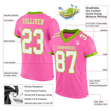 Personalized Pink White-Neon Green Mesh Authentic Football Jersey Team Custom Name and Number