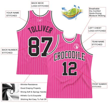 Personalized Pink White Pinstripe Black-White Authentic Basketball Jersey Team Custom Name and Number