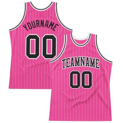Personalized Pink White Pinstripe Black-White Authentic Basketball Jersey Team Custom Name and Number