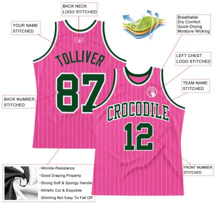 Personalized Pink White Pinstripe Green-White Authentic Basketball Jersey Team Custom Name and Number