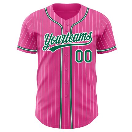Personalized Pink White Pinstripe Kelly Green Authentic Baseball Jersey Team Custom Name and Number