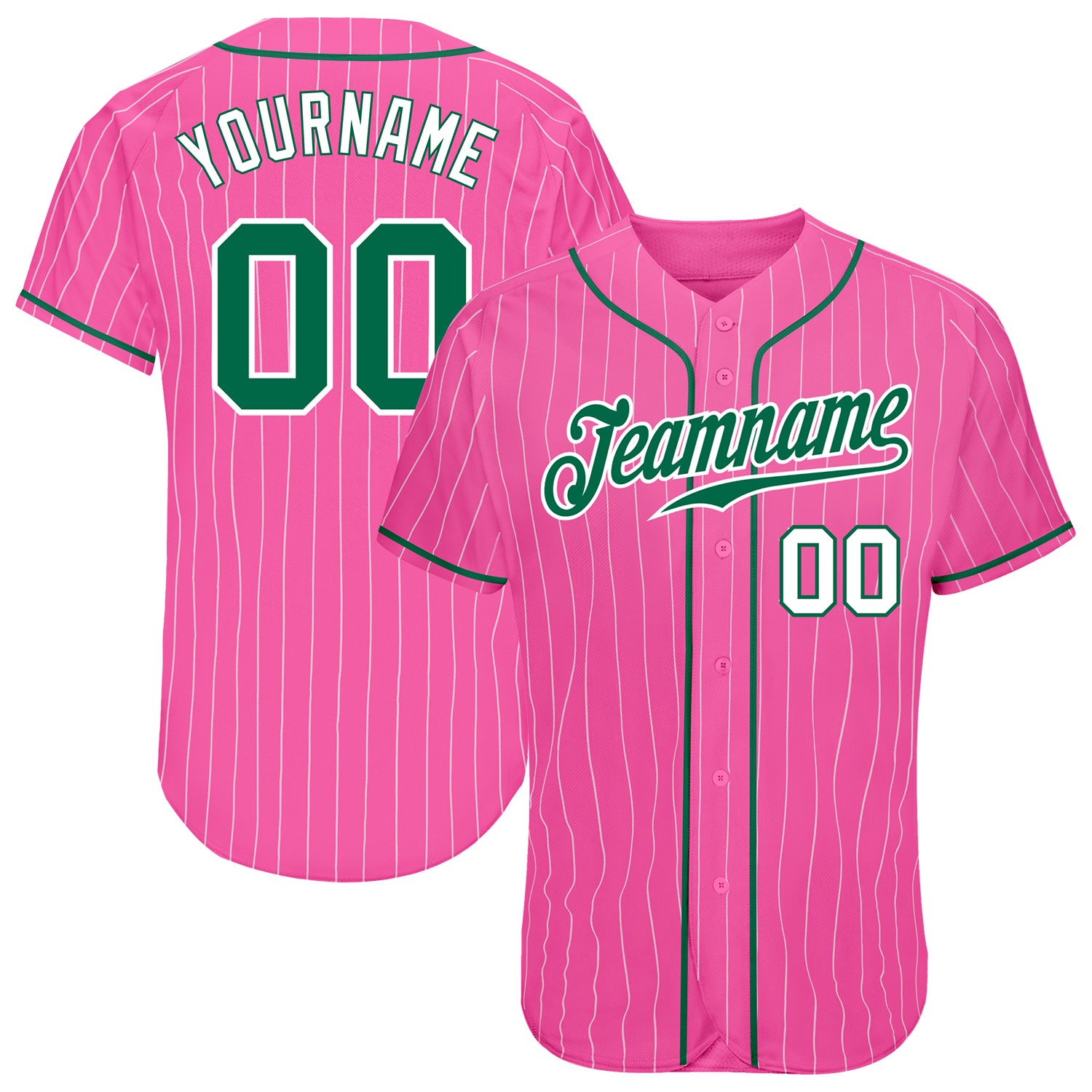 Personalized Pink White Pinstripe Kelly Green-White Authentic Baseball Jersey Team Custom Name and Number