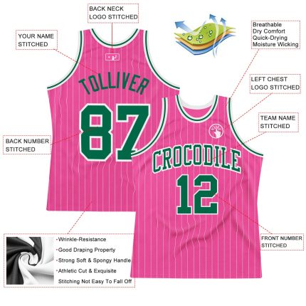 Personalized Pink White Pinstripe Kelly Green-White Authentic Basketball Jersey Team Custom Name and Number