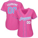 Personalized Pink White Pinstripe Light Blue-White Authentic Baseball Jersey Team Custom Name and Number