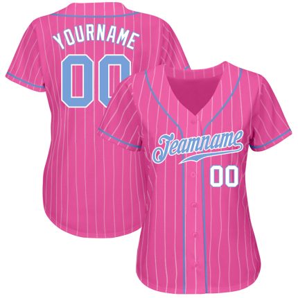 Personalized Pink White Pinstripe Light Blue-White Authentic Baseball Jersey Team Custom Name and Number