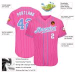 Personalized Pink White Pinstripe Light Blue-White Authentic Baseball Jersey Team Custom Name and Number