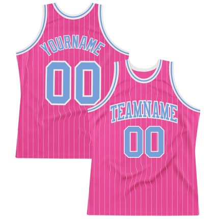 Personalized Pink White Pinstripe Light Blue-White Authentic Basketball Jersey Team Custom Name and Number