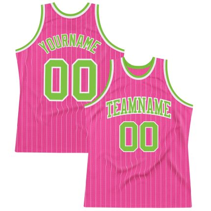Personalized Pink White Pinstripe Neon Green-White Authentic Basketball Jersey Team Custom Name and Number