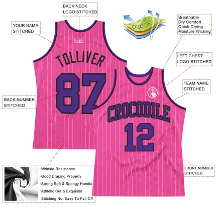 Personalized Pink White Pinstripe Purple-Black Authentic Basketball Jersey Team Custom Name and Number