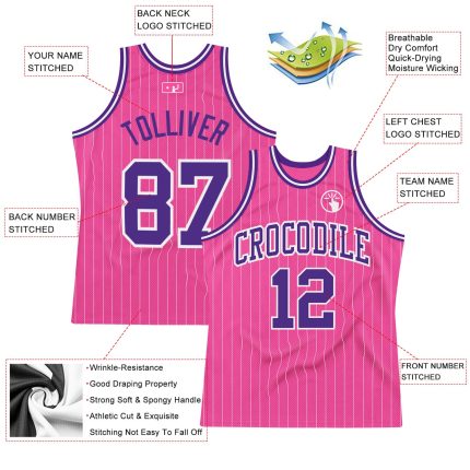 Personalized Pink White Pinstripe Purple-White Authentic Basketball Jersey Team Custom Name and Number