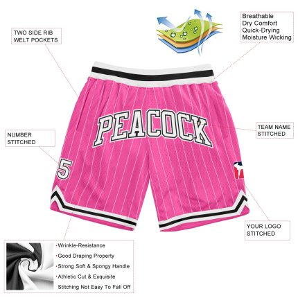 Personalized Pink White Pinstripe White-Black Authentic Basketball Shorts Team Custom Name and Number