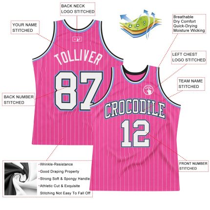 Personalized Pink White Pinstripe White Black-Light Blue Authentic Basketball Jersey Team Custom Name and Number