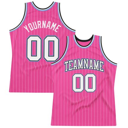 Personalized Pink White Pinstripe White Black-Light Blue Authentic Basketball Jersey Team Custom Name and Number