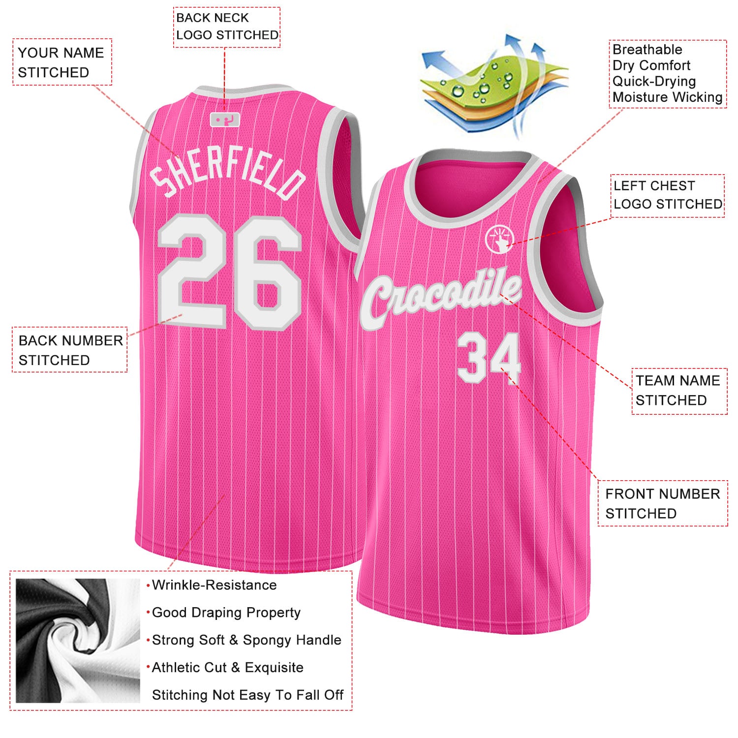 Personalized Pink White Pinstripe White-Gray Authentic Basketball Jersey Team Custom Name and Number Personalized Pink White Pinstripe White-Gray Authentic Basketball Jersey Team Custom Name and Number - Image 2