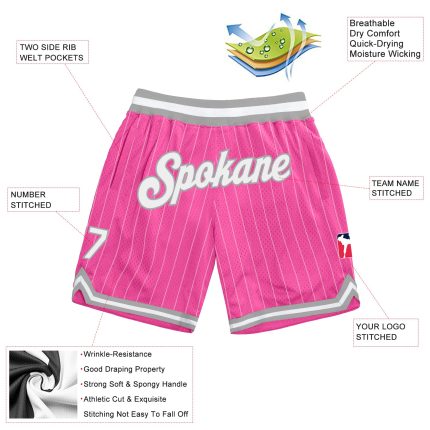 Personalized Pink White Pinstripe White-Gray Authentic Basketball Shorts Team Custom Name and Number