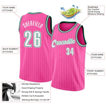 Personalized Pink White Pinstripe White-Kelly Green Authentic Basketball Jersey Team Custom Name and Number