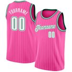Personalized Pink White Pinstripe White-Kelly Green Authentic Basketball Jersey Team Custom Name and Number