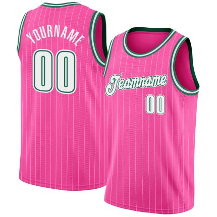 Personalized Pink White Pinstripe White-Kelly Green Authentic Basketball Jersey Team Custom Name and Number