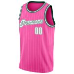 Personalized Pink White Pinstripe White-Kelly Green Authentic Basketball Jersey Team Custom Name and Number