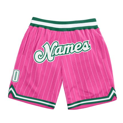 Personalized Pink White Pinstripe White-Kelly Green Authentic Basketball Shorts Team Custom Name and Number