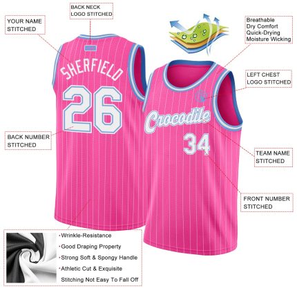 Personalized Pink White Pinstripe White-Light Blue Authentic Basketball Jersey Team Custom Name and Number