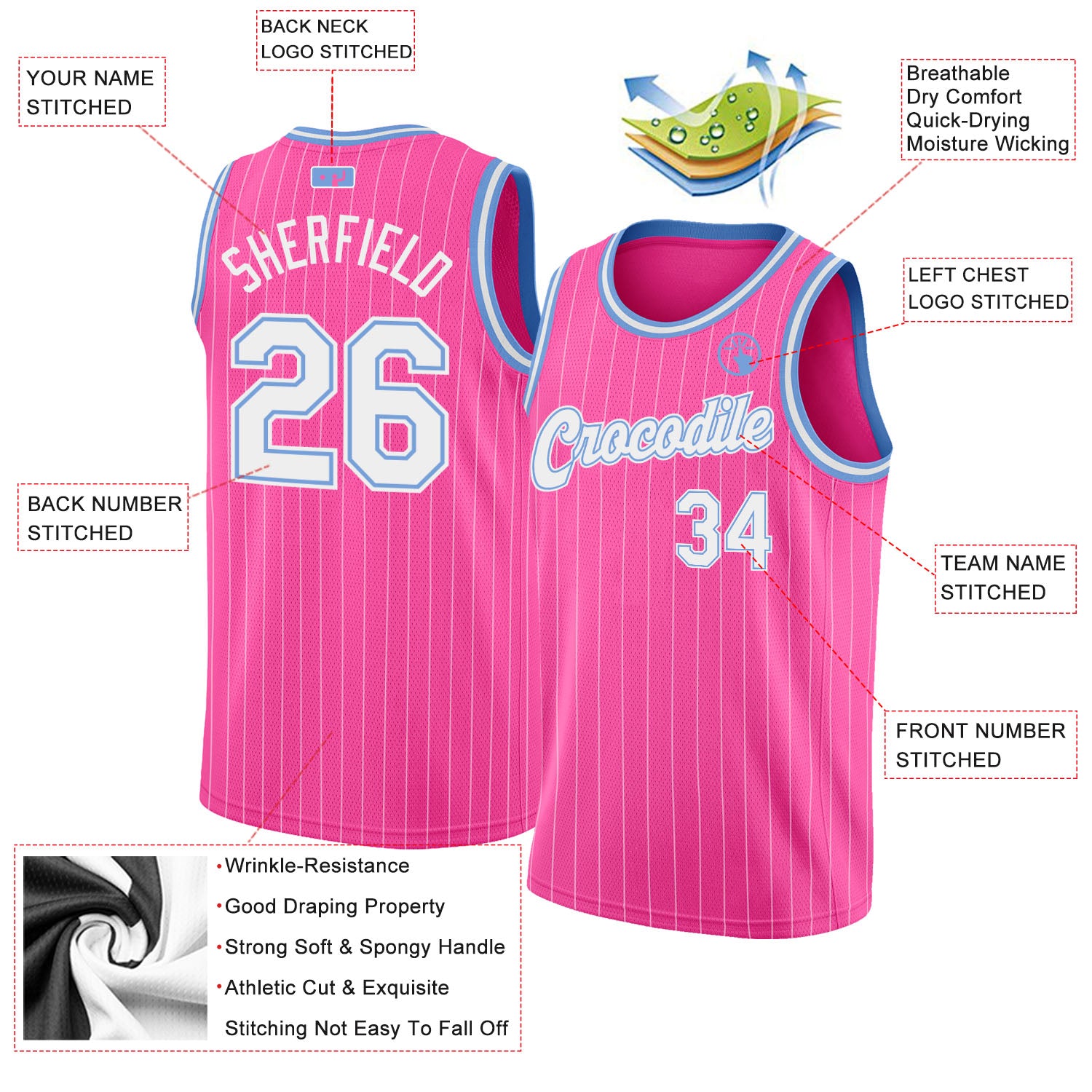 Personalized Pink White Pinstripe White-Light Blue Authentic Basketball Jersey Team Custom Name and Number Personalized Pink White Pinstripe White-Light Blue Authentic Basketball Jersey Team Custom Name and Number - Image 2