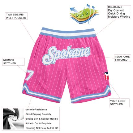 Personalized Pink White Pinstripe White-Light Blue Authentic Basketball Shorts Team Custom Name and Number
