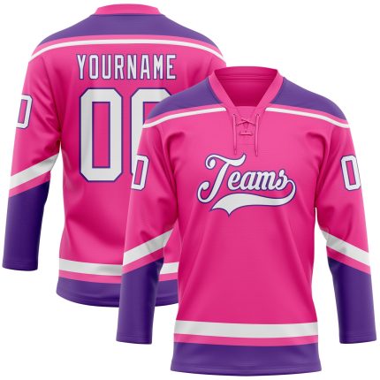 Personalized Pink White-Purple Hockey Lace Neck Jersey Team Custom Name and Number