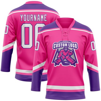 Personalized Pink White-Purple Hockey Lace Neck Jersey Team Custom Name and Number