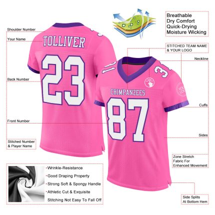 Personalized Pink White-Purple Mesh Authentic Football Jersey