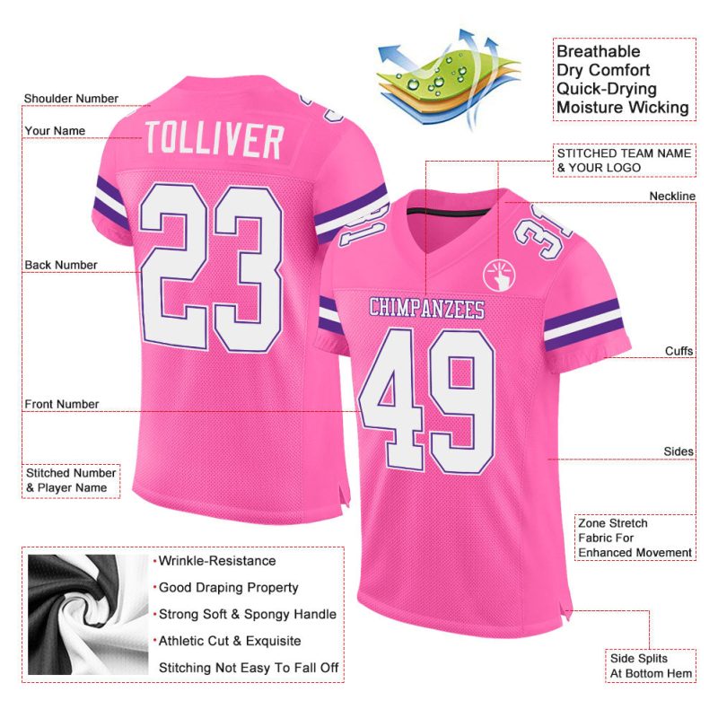 Personalized Pink White-Purple Mesh Authentic Football Jersey Team Custom Name and Number