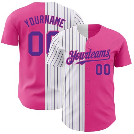 Personalized Pink White-Purple Pinstripe Authentic Split Fashion Baseball Jersey Team Custom Name and Number