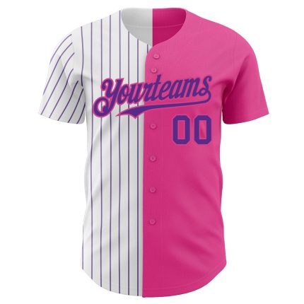Personalized Pink White-Purple Pinstripe Authentic Split Fashion Baseball Jersey Team Custom Name and Number