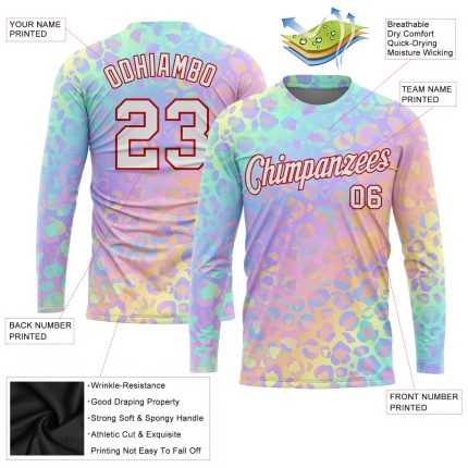 Personalized Pink White-Red Leopard 3D Pattern Long Sleeve Performance T-Shirt Team Custom Name and Number