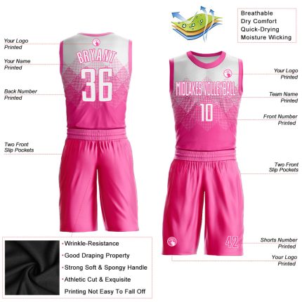 Personalized Pink White Round Neck Sublimation Basketball Suit Jersey Team Custom Name and Number