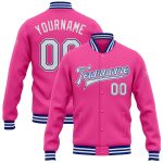 Personalized Pink White-Royal Bomber Full-Snap Varsity Letterman Jacket Team Custom Name and Number