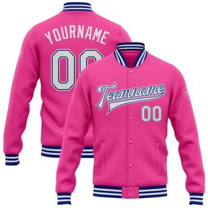 Personalized Pink White-Royal Bomber Full-Snap Varsity Letterman Jacket Team Custom Name and Number
