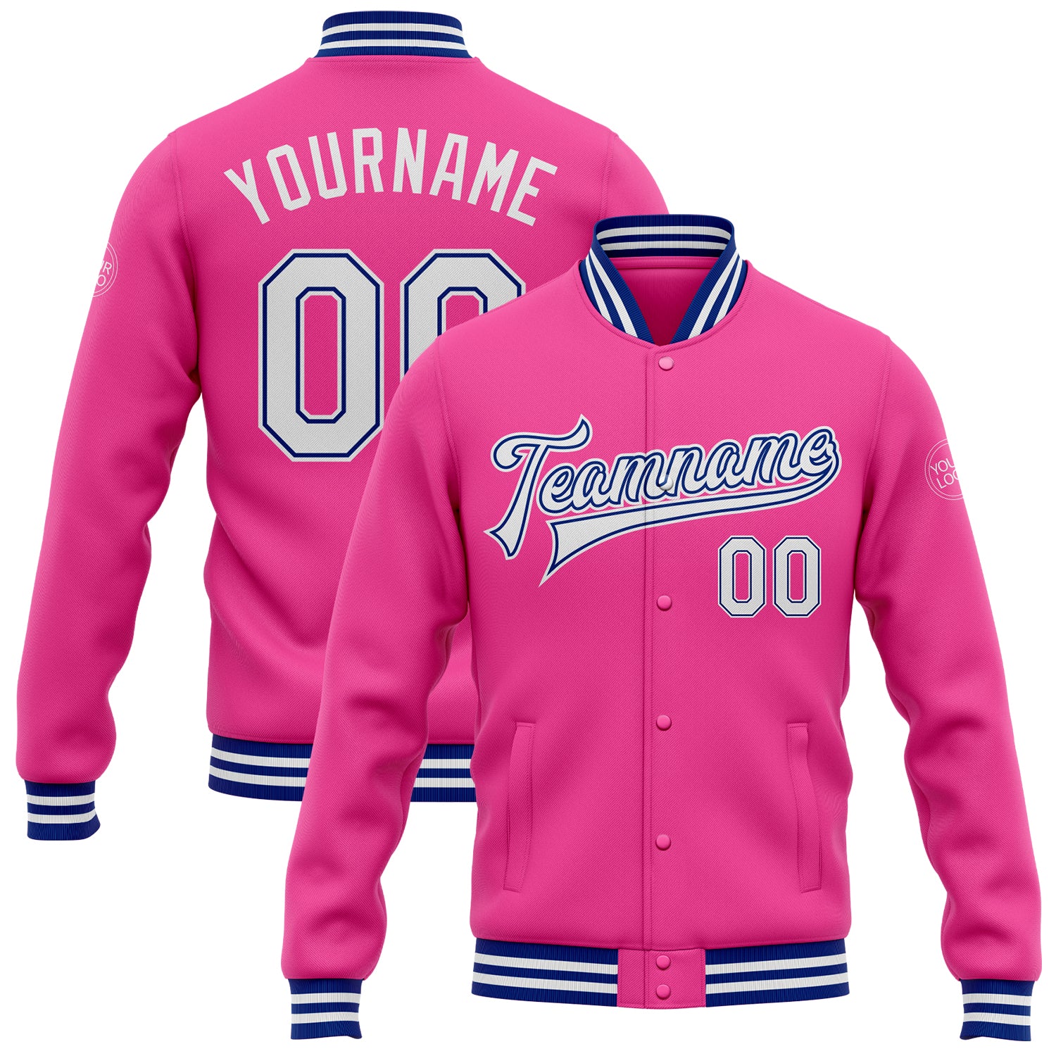 Personalized Pink White-Royal Bomber Full-Snap Varsity Letterman Jacket Team Custom Name and Number