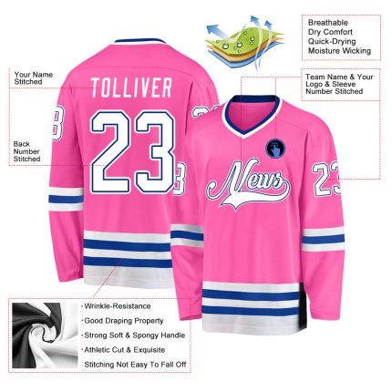 Personalized Pink White-Royal Hockey Jersey Team Custom Name and Number