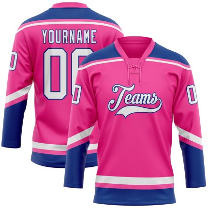 Personalized Pink White-Royal Hockey Lace Neck Jersey Team Custom Name and Number
