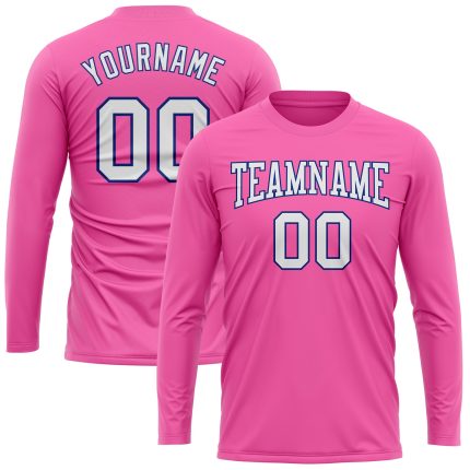 Personalized Pink White-Royal Long Sleeve Performance T-Shirt Team Custom Name and Number