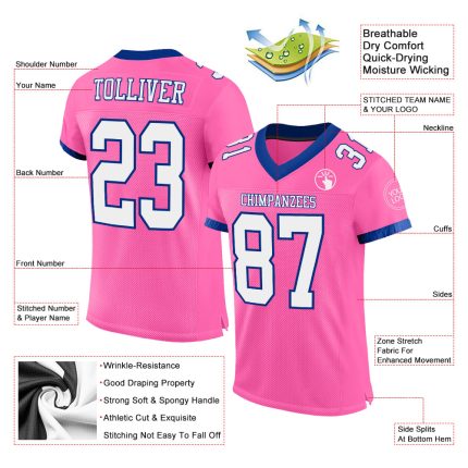 Personalized Pink White-Royal Mesh Authentic Football Jersey