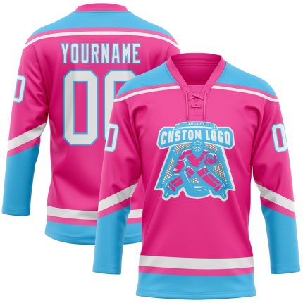 Personalized Pink White-Sky Blue Hockey Lace Neck Jersey Team Custom Name and Number