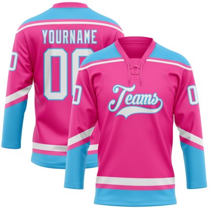 Personalized Pink White-Sky Blue Hockey Lace Neck Jersey Team Custom Name and Number
